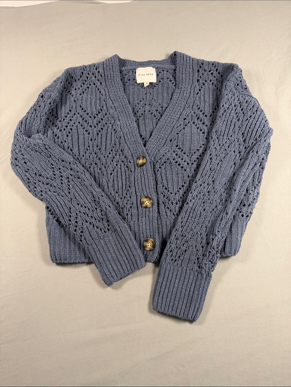 Pink Rose Slate Blue Open Knit Pointelle Chunky Button Up Cardigan Sweater